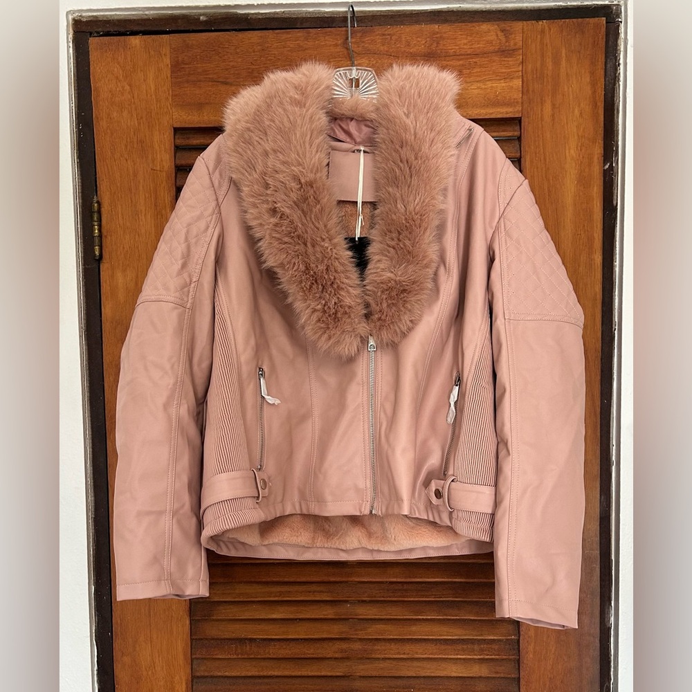 NWT BELIVERA Dusty Pink Faux Fur/Vegan Leather/Suede Short Jacket Coat Size XXL